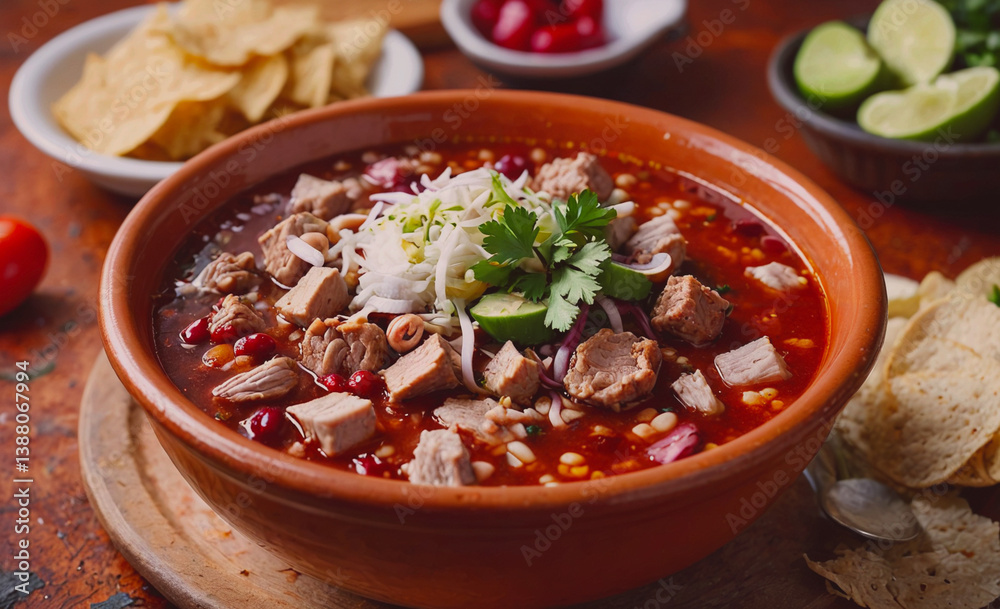 Poster bowl of soup with meat and vegetables. there are also some chips and a spoon. the bowl is on a woode
