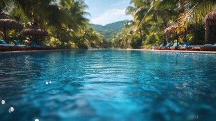 Obraz premium Tranquil Pool Surrounded by Palm Trees and Lounge Chairs in Tropical Resort Near Mountain Landscape