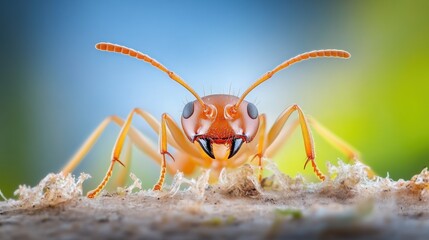 Close-Up View of Orange Ant with Bright Green Blurred Background