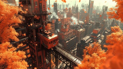 Autumnal industrial cityscape with elevated train, lush foliage, and towering structures