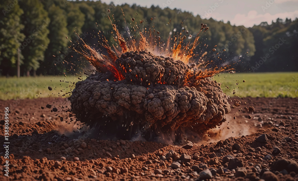 Poster Large explosion has occurred in a field. The ground is covered in dirt and debris. Trees are visible in the background