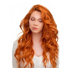Naklejka premium Beautiful woman with long orange hair with defined and voluminous wavy curls, freshly curled curls. Fresh and glowing skin with natural and light eye make-up. Clean soft and balanced lighting. Innocen