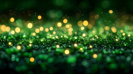A field of green glass and golden lights glows softly