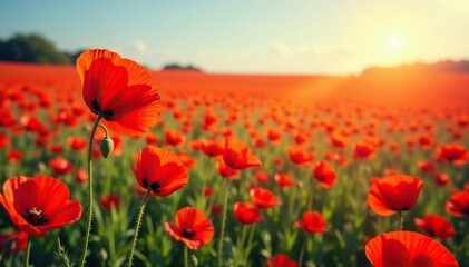 Obraz premium Bold graphic poppy field print, vibrant red and orange, texture, bright floral