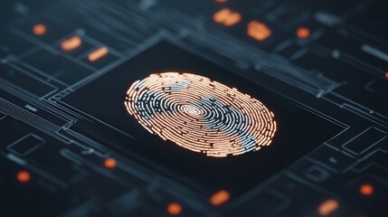 A digital fingerprint displayed on a dark background, surrounded by circuit-like patterns, emphasizing technology and security.