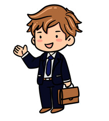 cute business man acting say hi and hold business bag in doodle style illustration