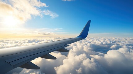 Airplane Wing Above Soft Clouds Under Bright Sky at Sunset