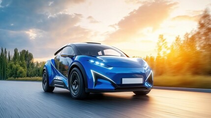 Futuristic Electric Car Driving on Road During Sunset Scene