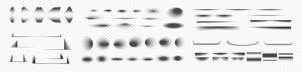 Square and rectangle box shadow effects. Realistic overlay and transparent shadows vector set, shades falling from objects on floor with soft black edges and dark corners, transparent background