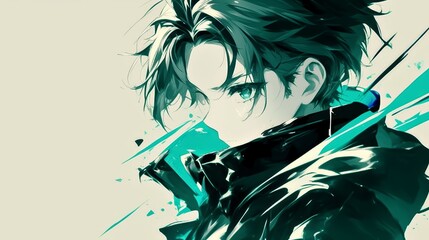Mysterious Anime Boy in Teal and Black