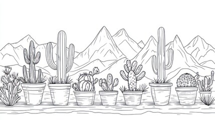 Naklejka premium Black and white cacti in pots, mountains in background. Decorative botanical