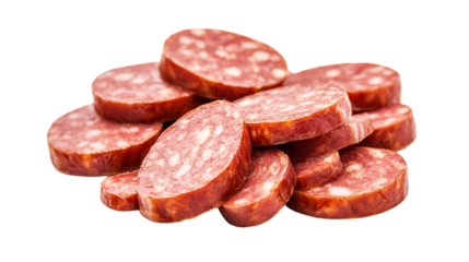 Slices of tasty boiled sausage on a white background