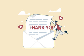 Thank you message, appreciation or greeting to client, customer or employee communication, gratitude letter email, calligraphy concept, businessman saying thank you on thanks message envelope.