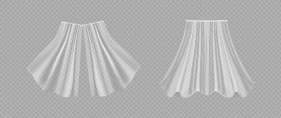 Set of window white curtains blowing on wind in different positions. Vector illustration
