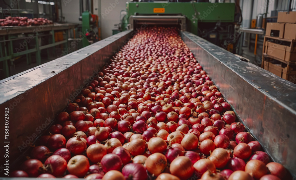 Poster conveyor belt with a large pile of apples on it. the apples are red and green