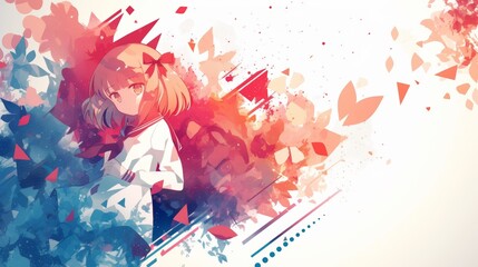 Naklejka premium Whimsical Anime Girl in a Colorful Abstract World