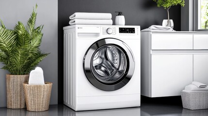 Modern Washer and Stylish Laundry Room with Green Plants and Towels