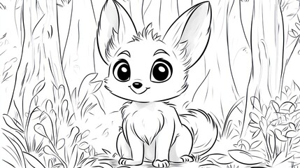 Obraz premium Cute cartoon fox in a forest, coloring page, children's book illustration, printable activity