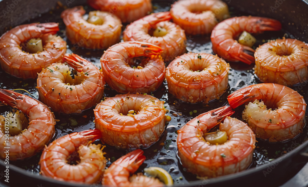 Poster Pan of shrimp is covered in sauce. The shrimp are in a circular shape. There are many shrimp in the pan