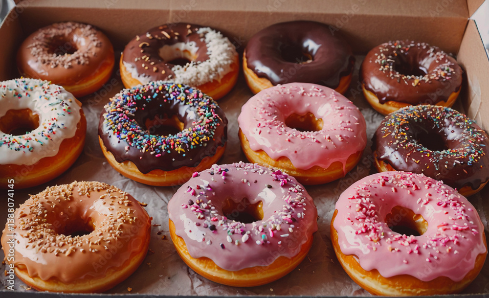 Poster box of assorted donuts with sprinkles and chocolate. there are 9 donuts in total