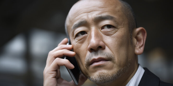 Serious Asian businessman talking on smartphone outdoors
