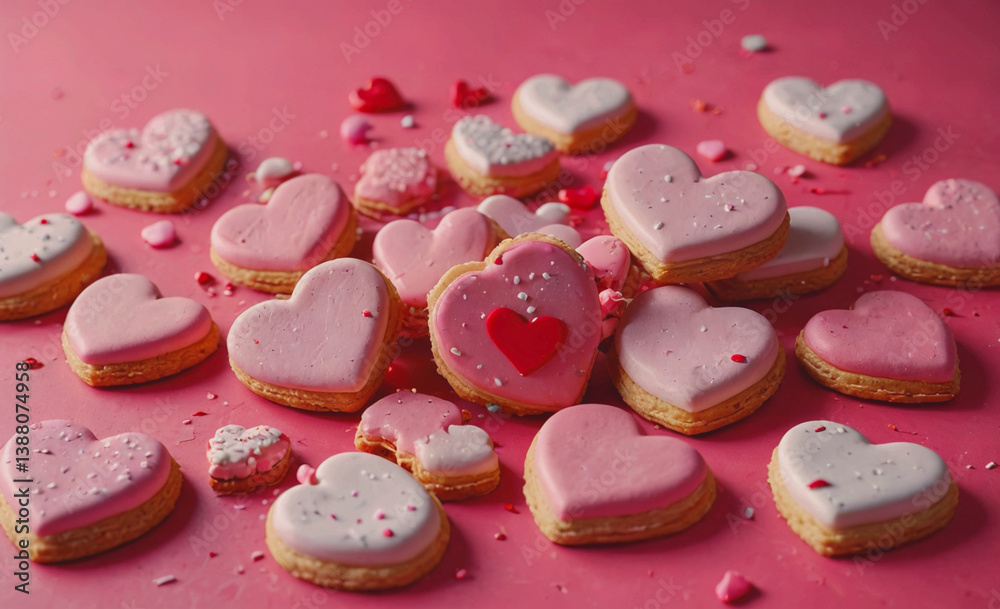 Poster bunch of heart shaped cookies on a pink background. some of the cookies have a red heart in the midd