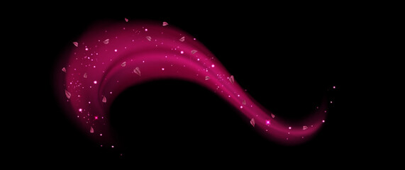 Pink fresh air or wind effect with leaves on transparent background. Vector realistic illustration with sparkling particles, sakura petals, romantic vortex, spring leaves