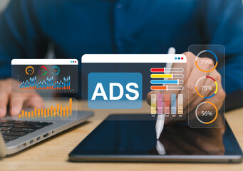 Digital marketing and online advertising concept for target customers. Running ads on feeds and videos to increase customer engagement. Websites with ads to increase click through rates.