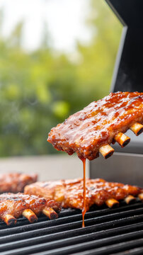 Close-up of smokin' hot ribs with dripping bbq sauce for grilling enthusiasts