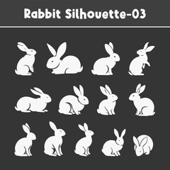 Isolated silhouettes of Easter bunnies on a dark background, comprising a set of diverse rabbit shapes for design