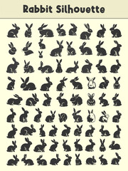 Isolated silhouettes of Easter bunnies on a light background, comprising a set of diverse rabbit shapes for design