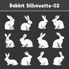 Isolated silhouettes of Easter bunnies on a dark background, comprising a set of diverse rabbit shapes for design