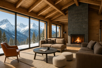 Fototapeta premium Modern alpine living room with fireplace and panoramic mountain view