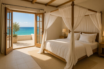 Canopy bed in coastal bedroom with sea view and open terrace