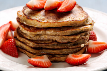 Homemade cottage cheese pancakes with strawberry and honey. Protein Pancakes