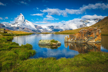 Beautiful view with famous Matterhorn from the Stellisee lake, Switzerland