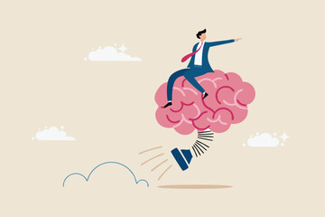Brain intelligence, resilience or creativity to control thinking process for new idea, smart or wisdom to brainstorm, imagination to success concept, businessman riding human brain with springboard.