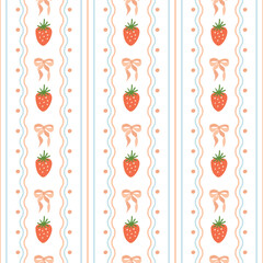 Coquette strawberry bow summer seamless pattern. Vector preppy wallpaper with hand drawn ribbons and bow knots. Vertical striped print. Pastel grandmillennial romantic background, textile design