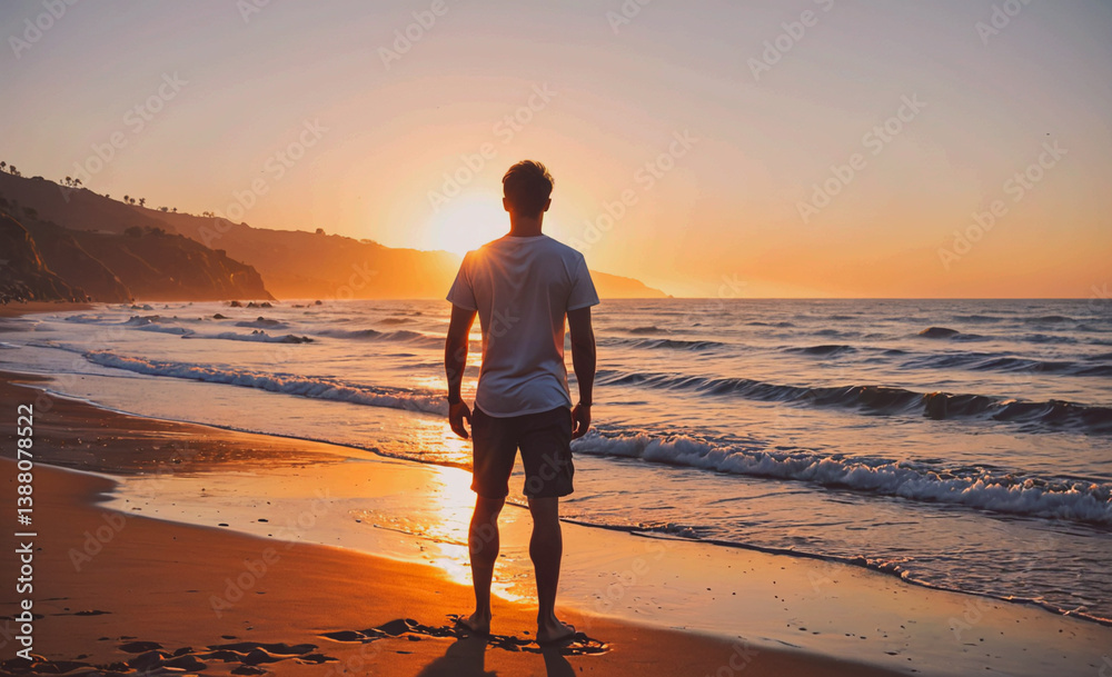 Aufkleber Man stands on the beach looking out at the ocean. The sun is setting in the background