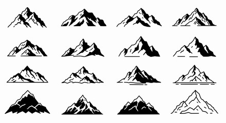 A set of twelve illustrations of mountain ranges, presented in a flat, cartoonish style. Each mountain range is depicted with simple, clear black lines on a white background. Vector Illustration
