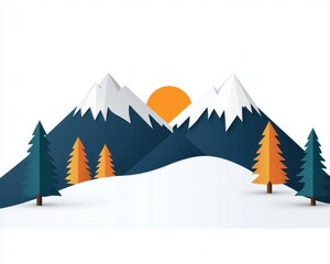 Geometric alpine landscape with snowy crests, symmetrical composition