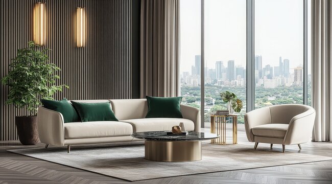 Luxury House Apartment Interior Living Room Minimalist Design Sofa Premium Floor Full Glass Window Center Table