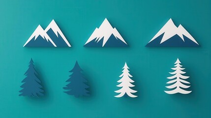 Clean graphic icon set of snowy mountain symbols, simple line design
