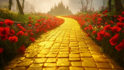 A Magical and Whimsical Journey Down the Yellow Brick Road, Leading to a Majestic Emerald City, Under a Glimmering Sunrise, Amidst a Garden of Vivid Red Flowers