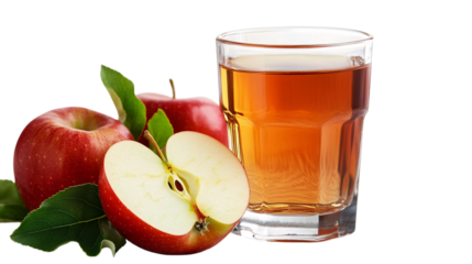 Slice of red apple and glass of apple juice on white background