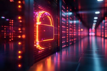 Fototapeta premium Glowing neon padlock icon on digital display with red and blue lighting effects in dark server room, representing cybersecurity and data protection concept.