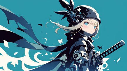 Anime Girl Samurai Teal Background