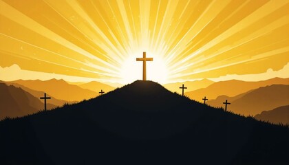 Croix calvaire J&eacute;sus Christ religion symbole fond colline jaune lumineux.