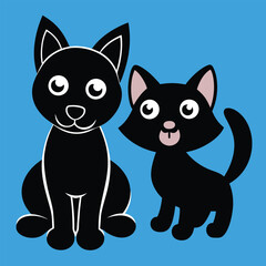 Fototapeta premium Cartoon illustration of black and white cats, a kitten, a dog, and a mouse in a cute and funny design, featuring silhouettes and playful interactions between pets