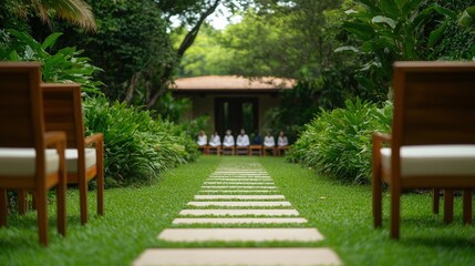 Obraz premium A serene garden path lined with chairs leads to a lush green space, where people are seated, creating a tranquil atmosphere for relaxation or gathering.